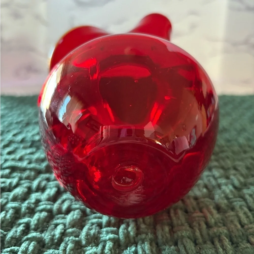 Vintage Ruby Red Mid Century Glass Pitcher-Ruffle Rim with Clear Handle